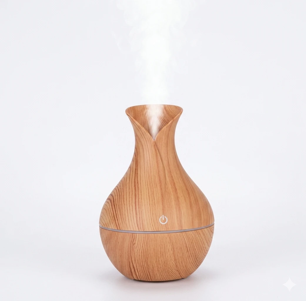 فواحة وموزع عطور بالموجات فوق الصوتية بتصميم زهرية خشبية - جهاز ترطيب هواء ذكي يعمل باللمس